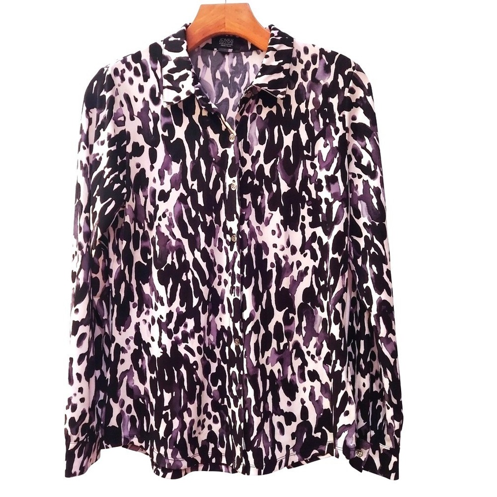 Jones New York Signature Mob Wife Gray Black Leopard Print Chic Work Blouse S